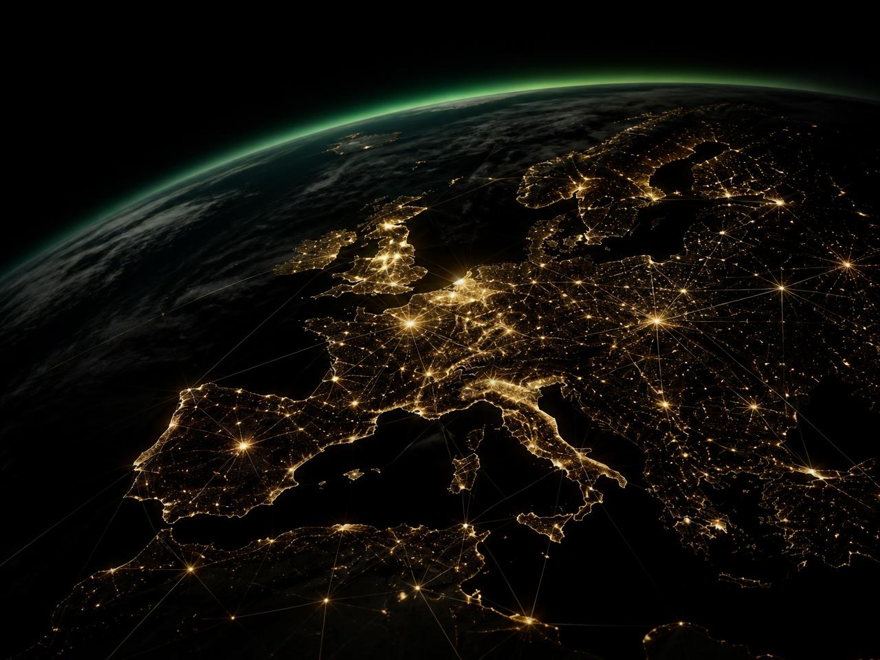 Tokë nga hapësira me rrjet global lidhjesh financiare mbi Evropë